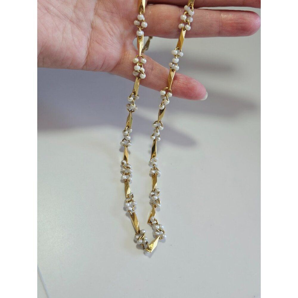 Vintage gold tone metal dainty faux pearl necklace 24"